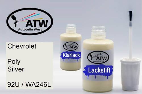 Chevrolet, Poly Silver, 92U / WA246L: 20ml Lackstift + 20ml Klarlack - Set, von ATW Autoteile West.